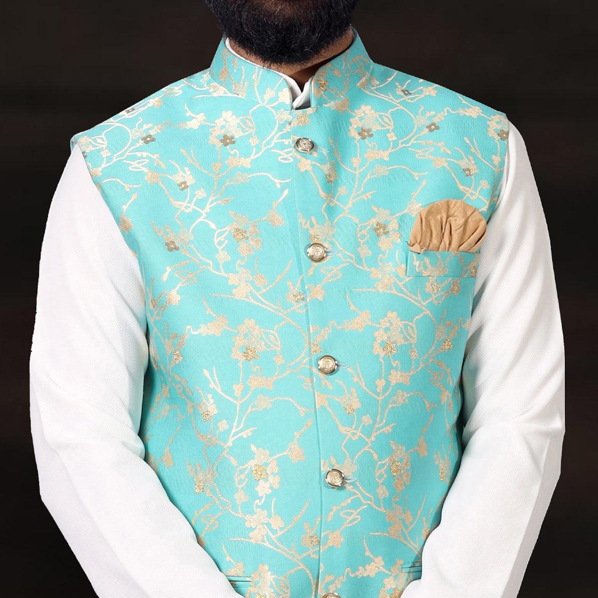White-Blue Woven Pure Cotton Kurta Pyjama Set With Modi Jacket - Peachmode