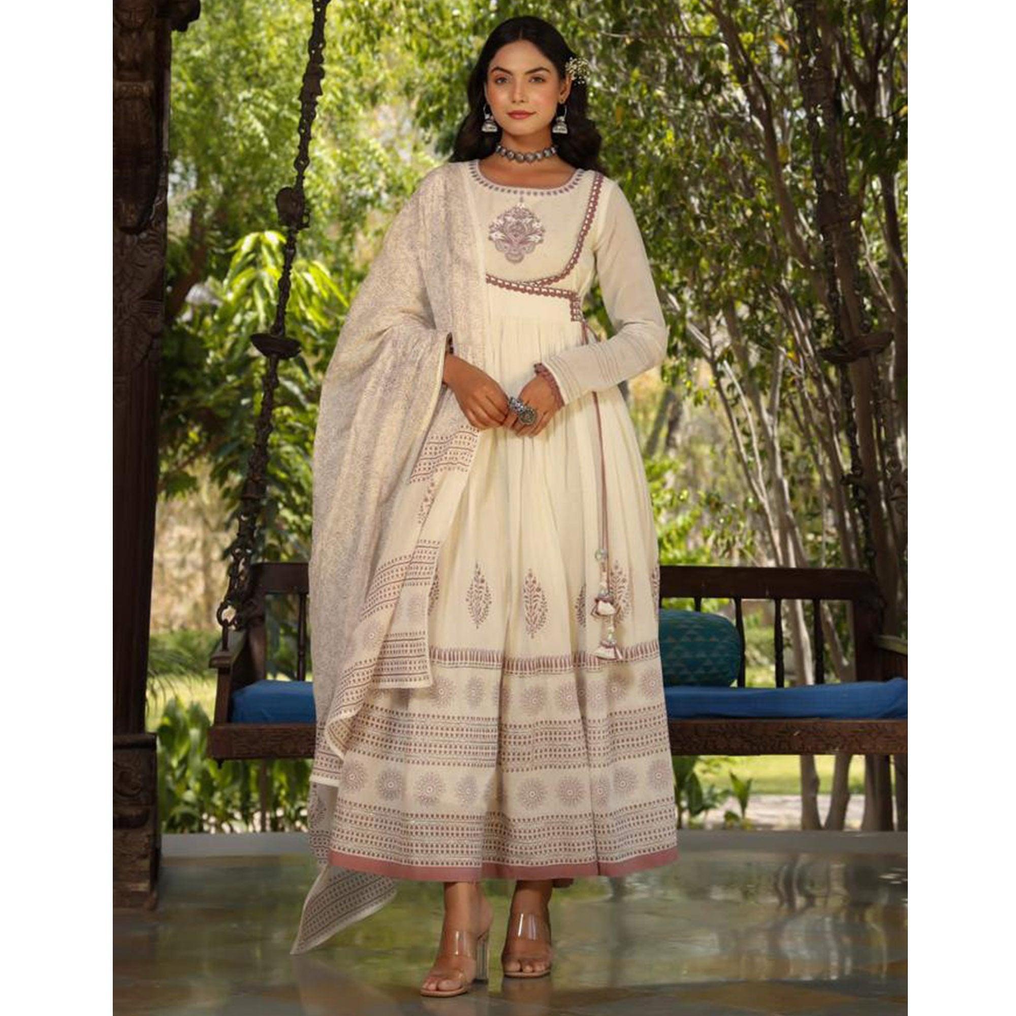 White-Brown Partywear Printed Cotton Anarkali Suit - Peachmode