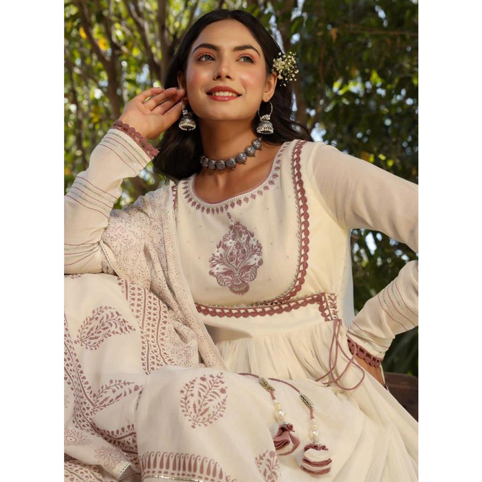 White-Brown Partywear Printed Cotton Anarkali Suit - Peachmode