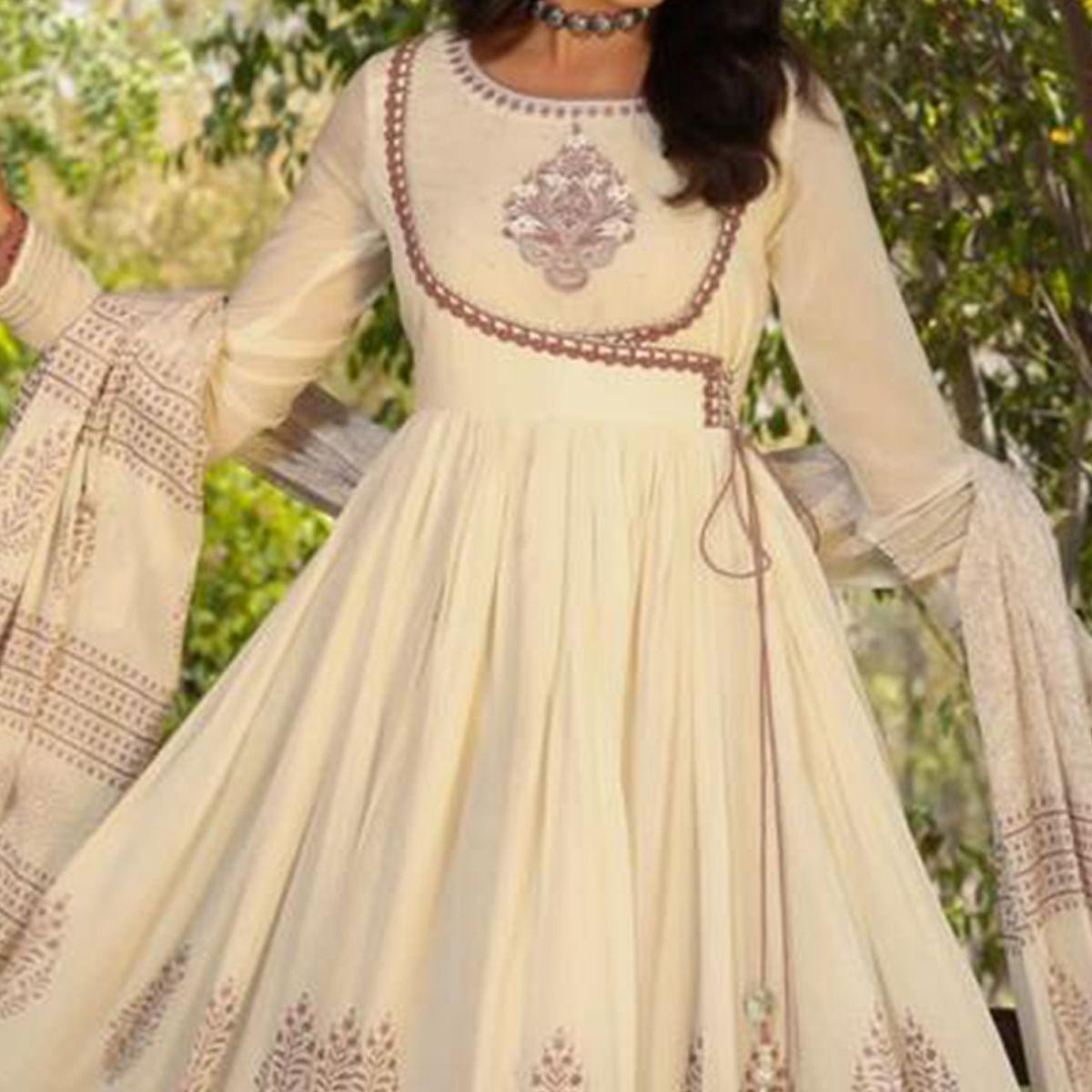 White-Brown Partywear Printed Cotton Anarkali Suit - Peachmode