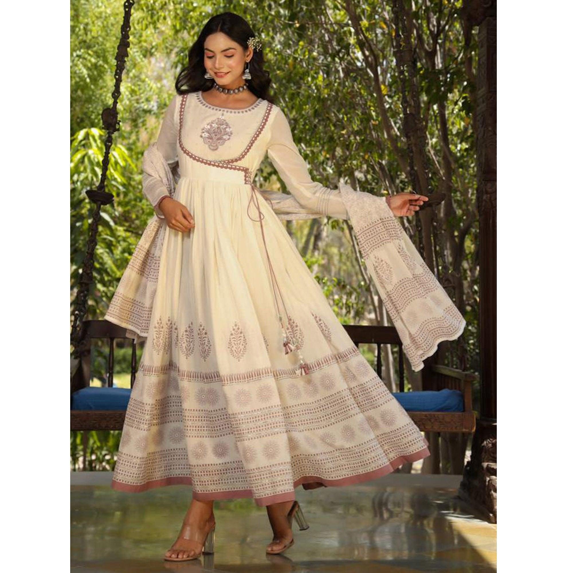 White-Brown Partywear Printed Cotton Anarkali Suit - Peachmode