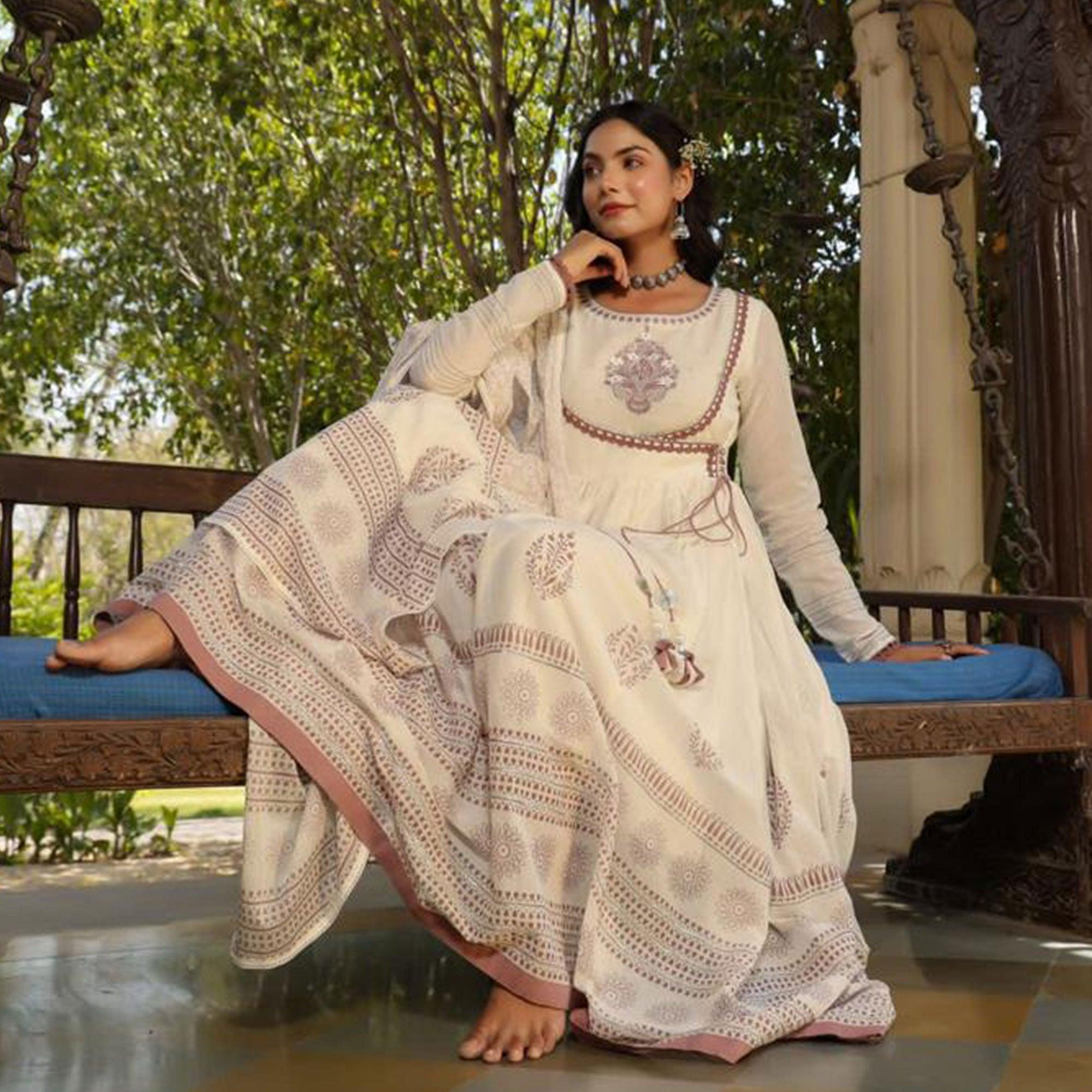 White-Brown Partywear Printed Cotton Anarkali Suit - Peachmode