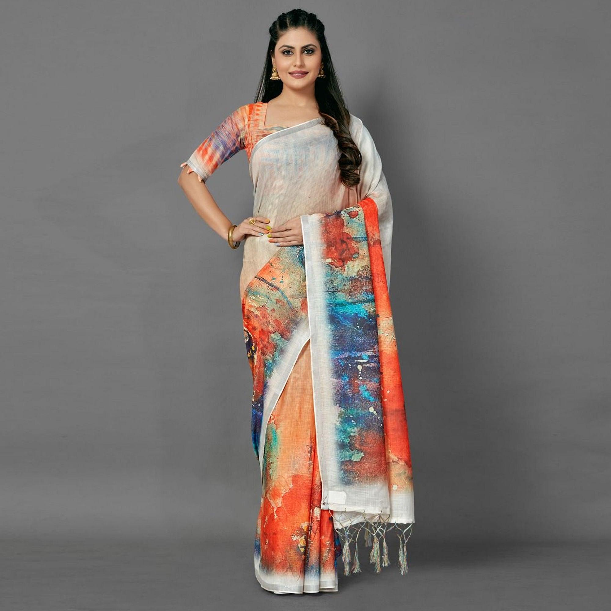 White Casual Pure Linen Digital Print Saree With Unstitched Blouse - Peachmode