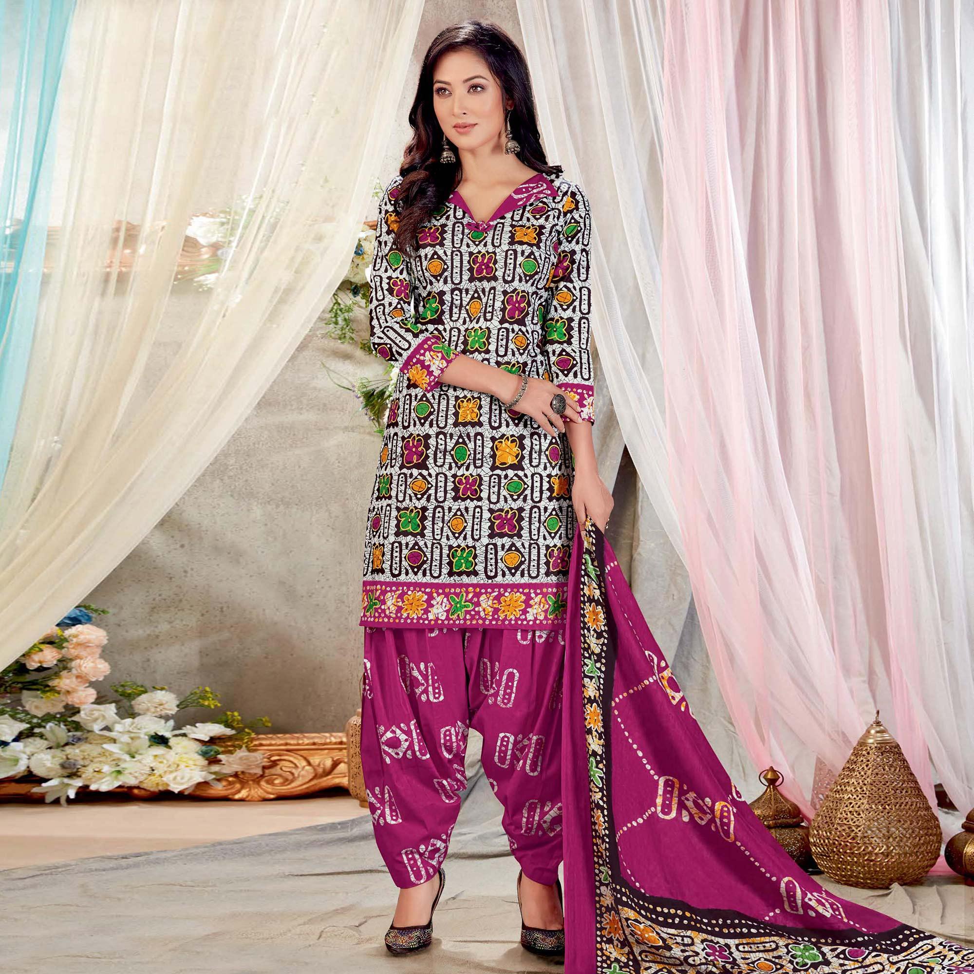 White Casual Wear Batik Printed Cotton Patiala Dress Material - Peachmode