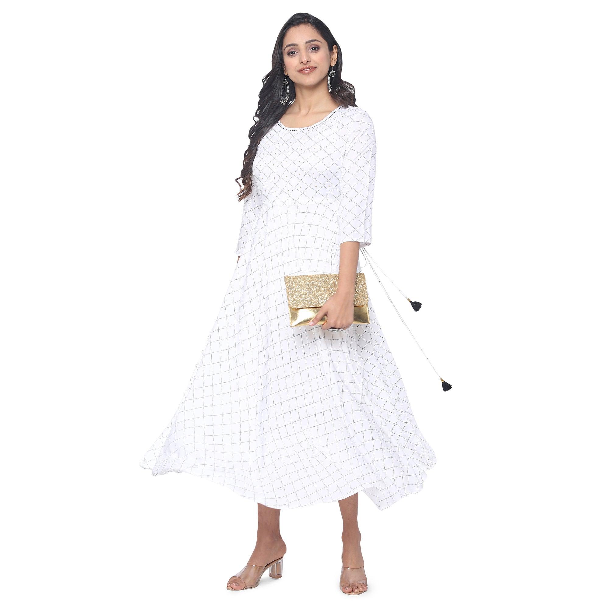 White Casual Wear Checks Printed Rayon Long Kurti - Peachmode