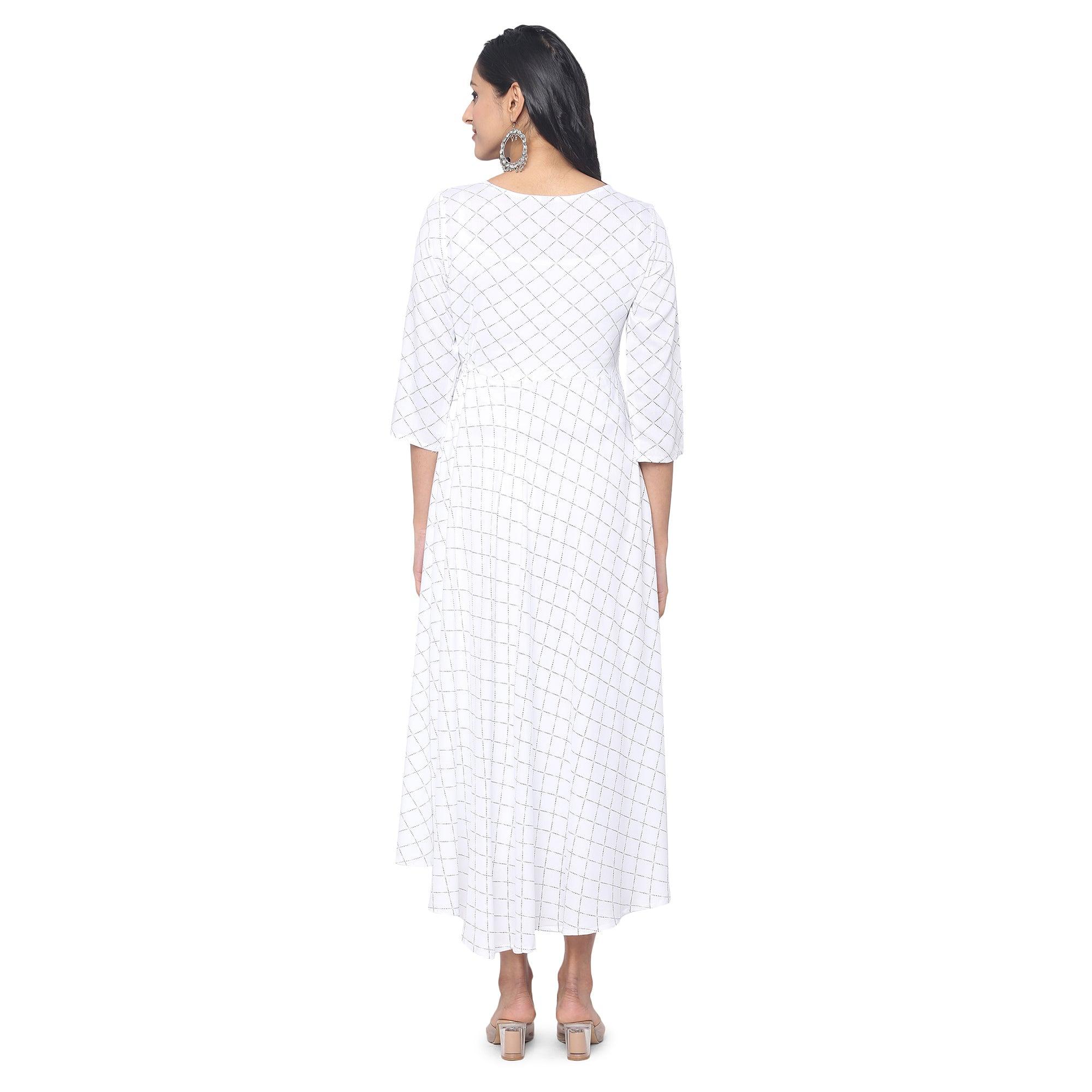White Casual Wear Checks Printed Rayon Long Kurti - Peachmode
