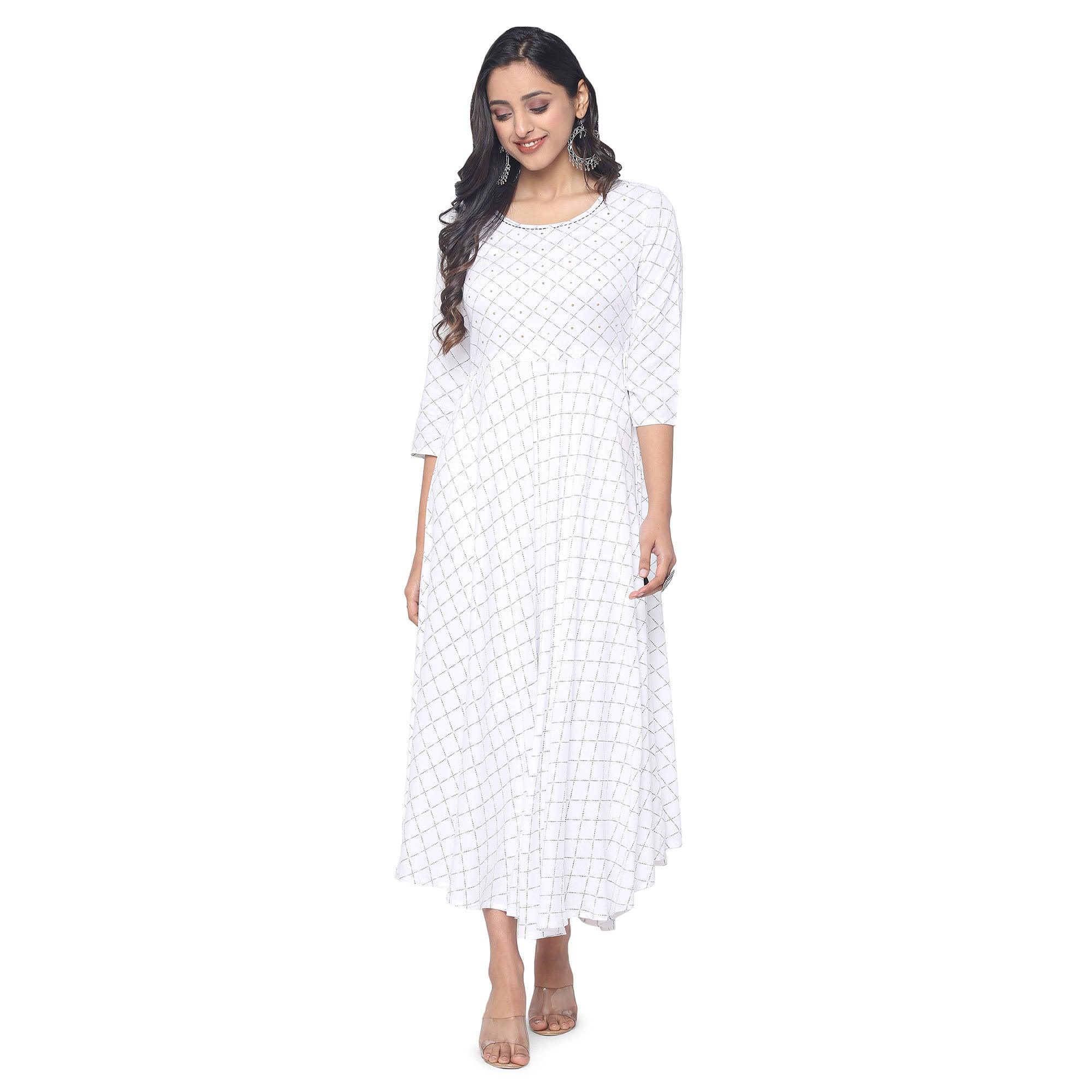 White Casual Wear Checks Printed Rayon Long Kurti - Peachmode