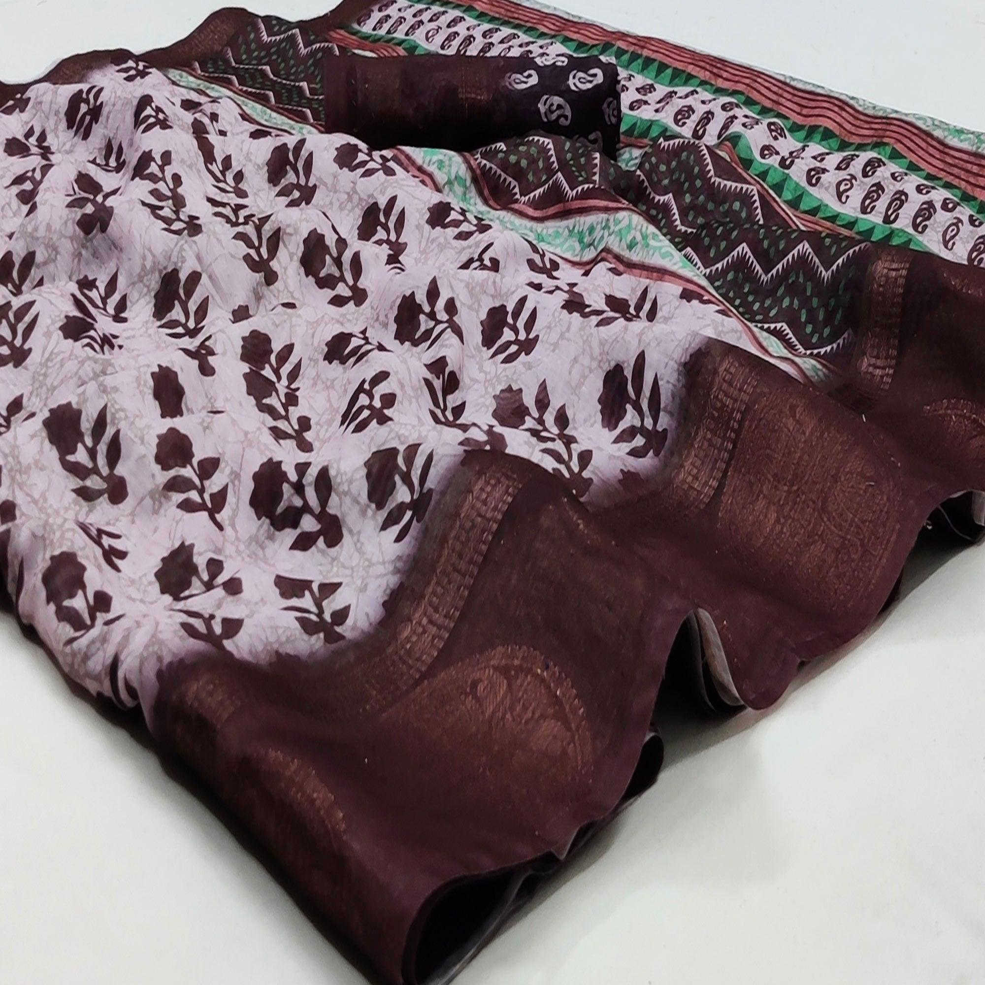 White Casual Wear Digital Printed Linen Saree Woven Border - Peachmode