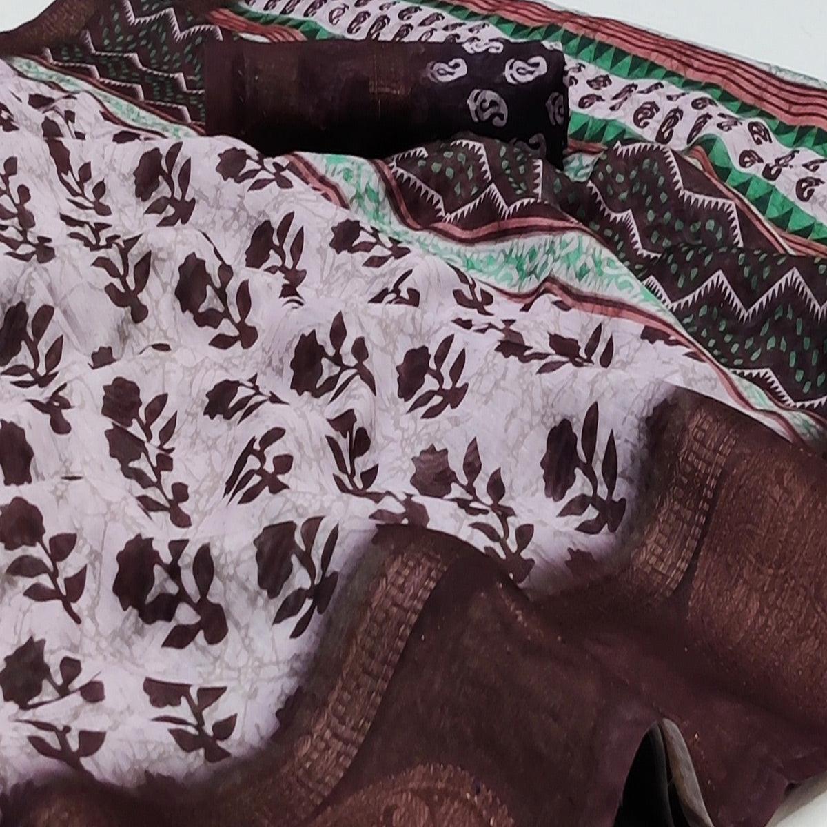 White Casual Wear Digital Printed Linen Saree Woven Border - Peachmode