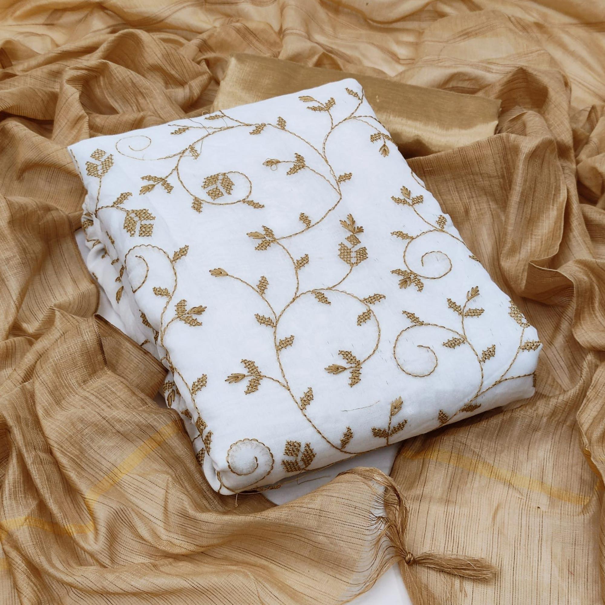 White Casual Wear Embroidered Chanderi Dress Material - Peachmode