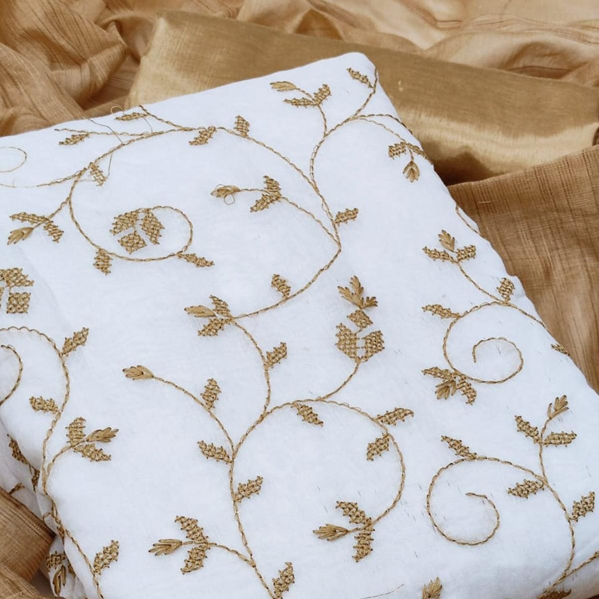 White Casual Wear Embroidered Chanderi Dress Material - Peachmode