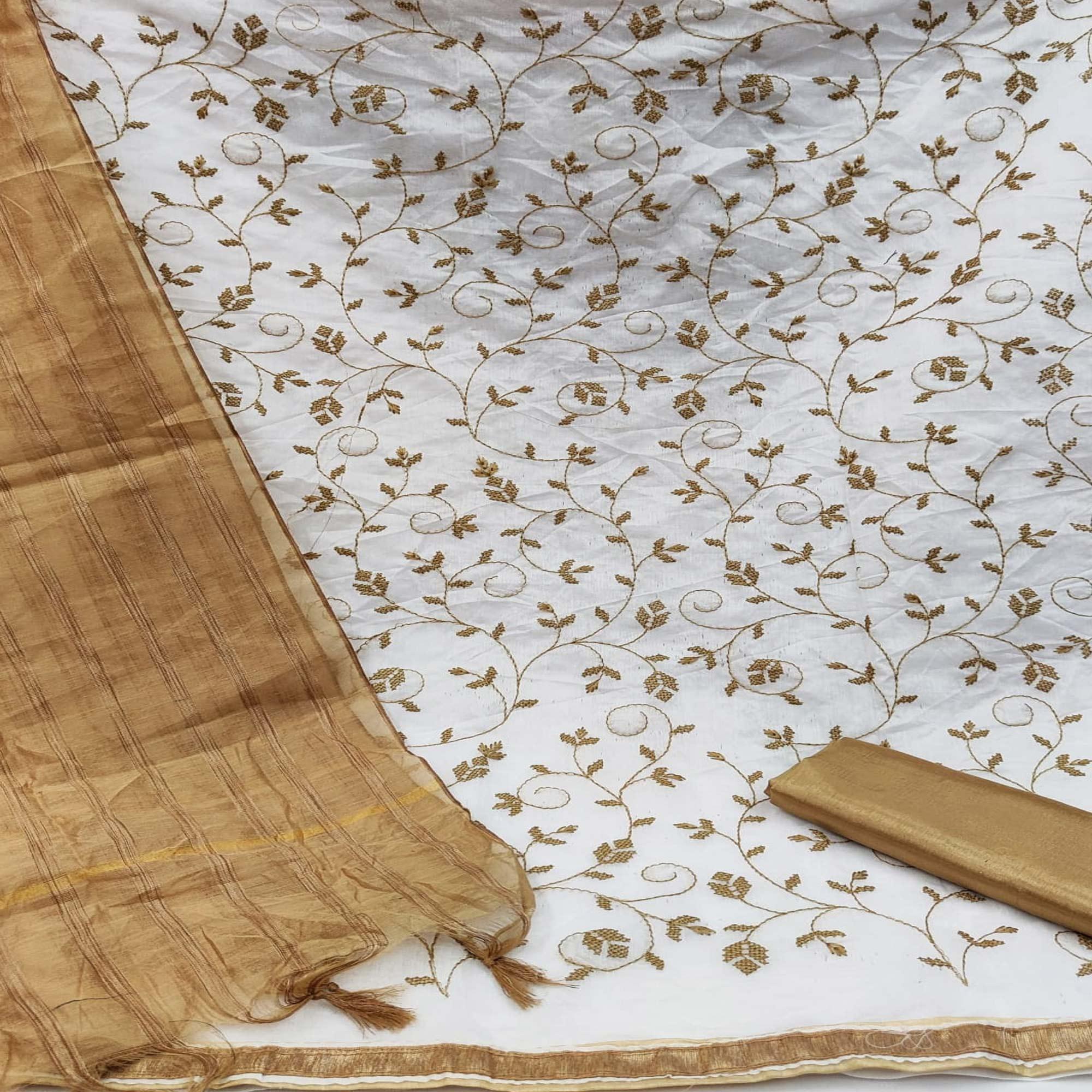 White Casual Wear Embroidered Chanderi Dress Material - Peachmode