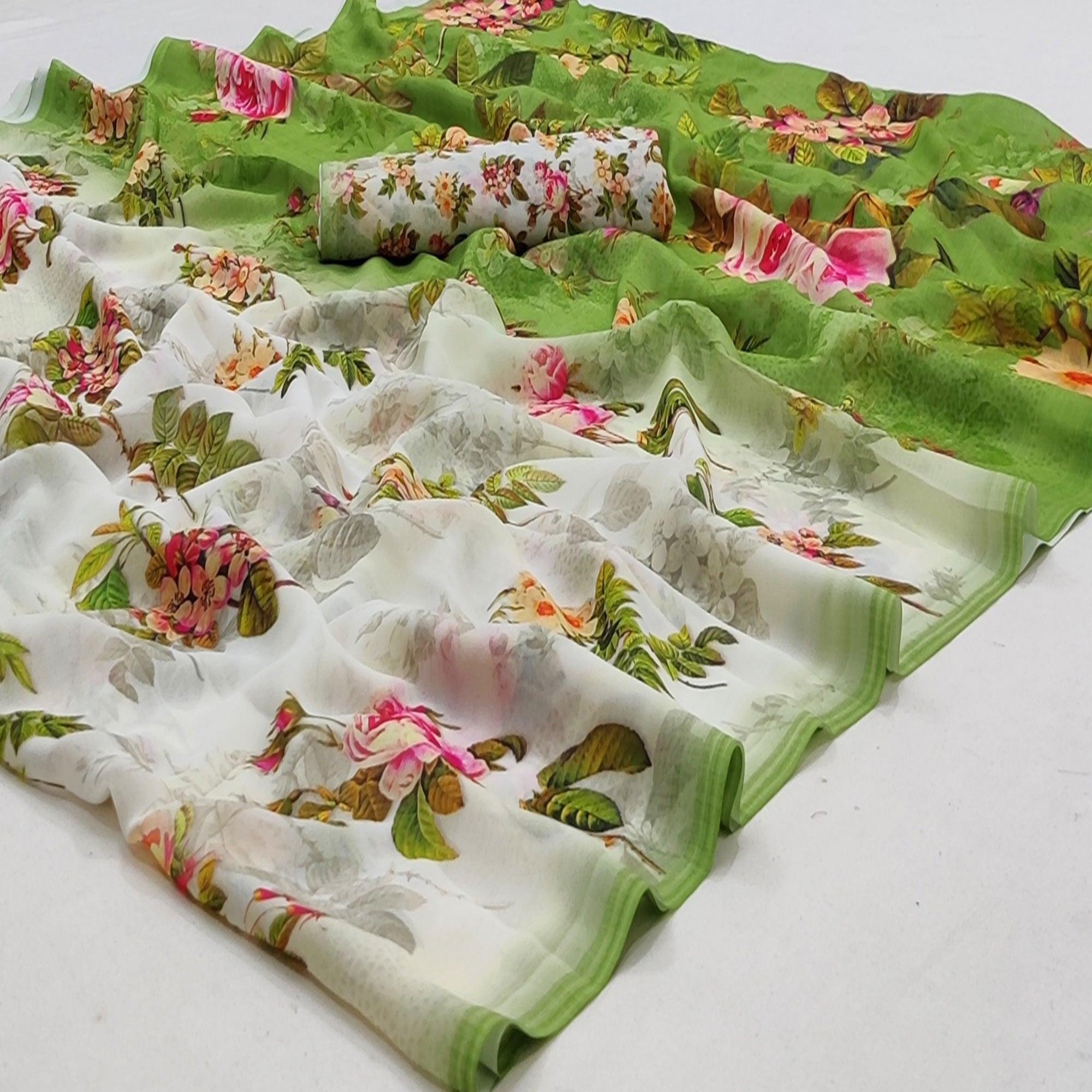 White Casual Wear Floral Digital Printed Georgette Saree - Peachmode