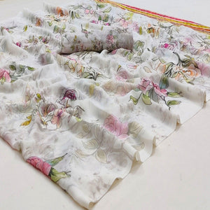 White Casual Wear Floral Digital Printed Georgette Saree - Peachmode