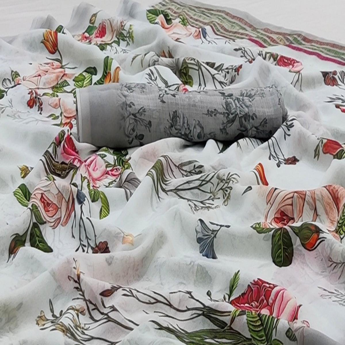 White Casual Wear Floral Digital Printed Georgette Saree - Peachmode