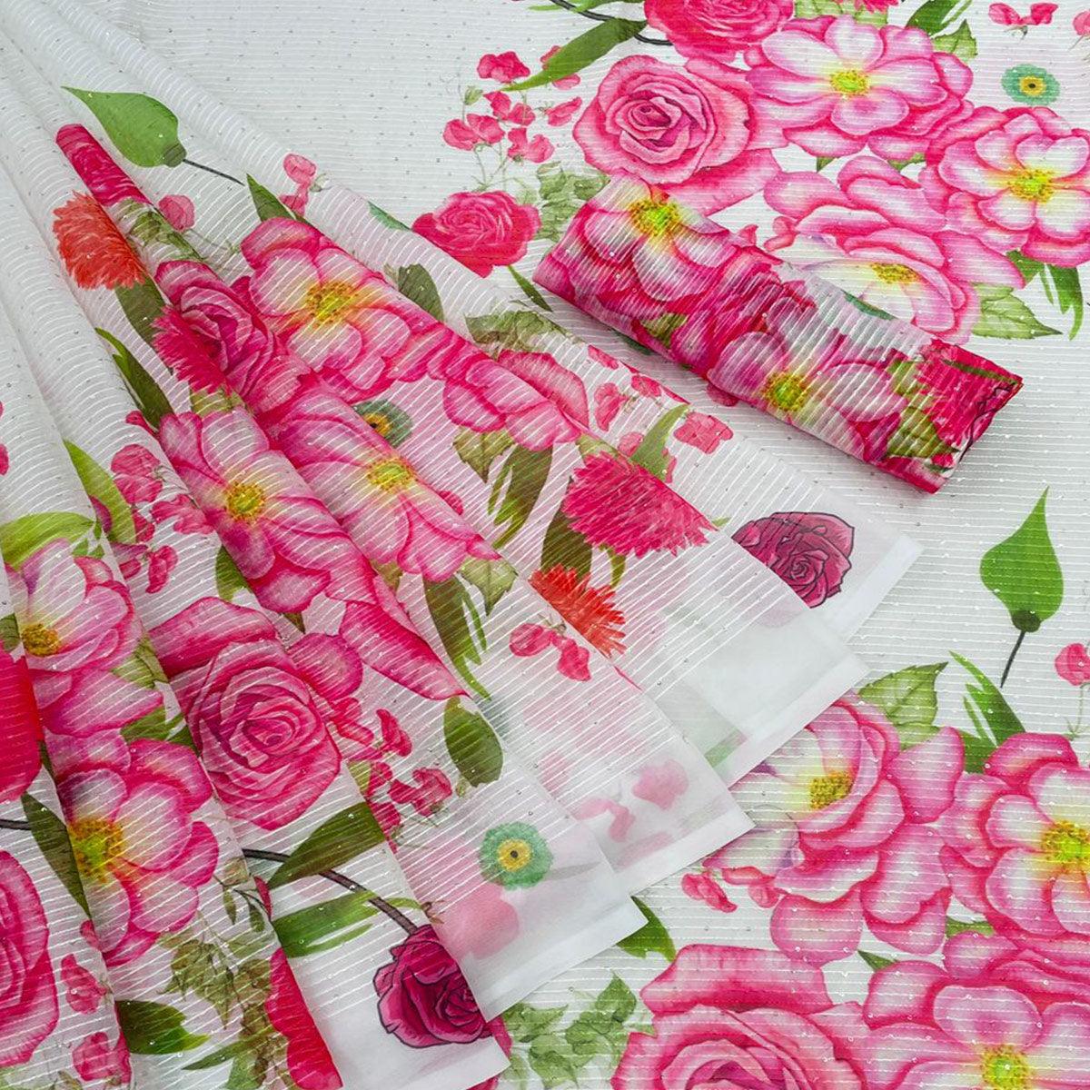 White Casual Wear Floral Digital Printed Georgette Saree - Peachmode