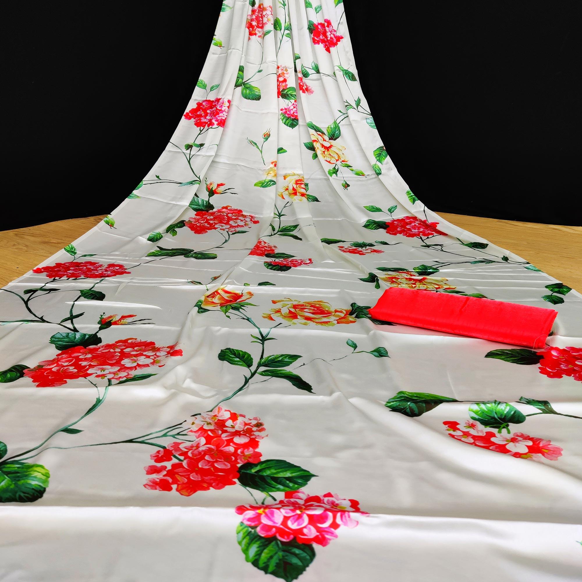 White Casual Wear Floral Digital Printed Satin Saree - Peachmode