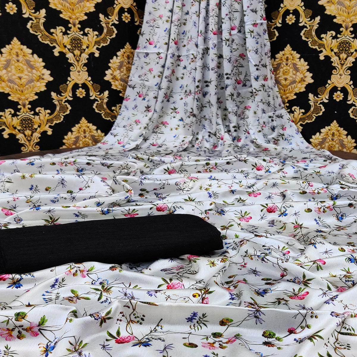 White Casual Wear Floral Digital Printed Satin Saree - Peachmode