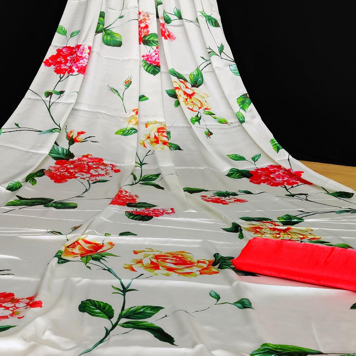 White Casual Wear Floral Digital Printed Satin Saree - Peachmode
