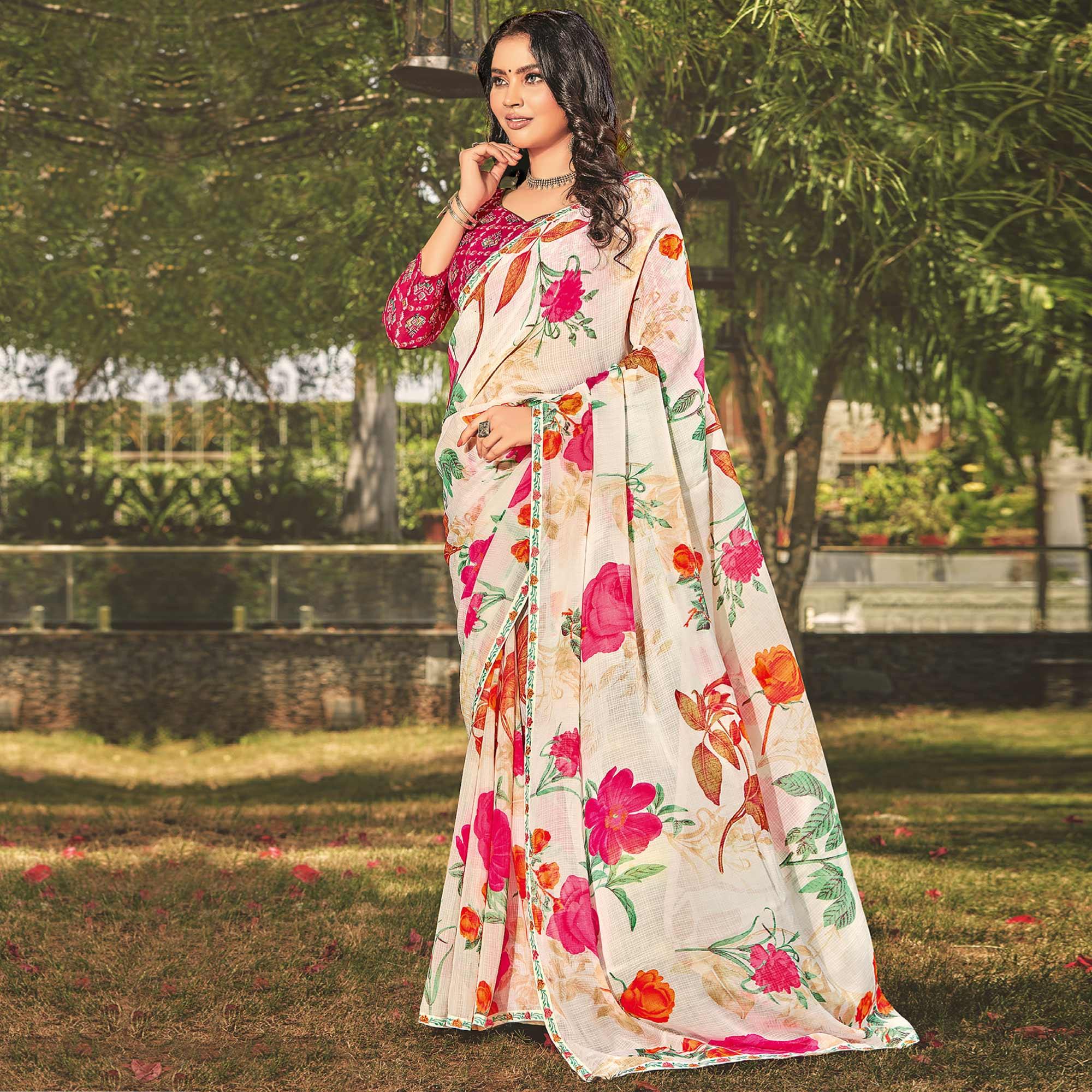 White Casual Wear Floral Printed Georgette Saree - Peachmode