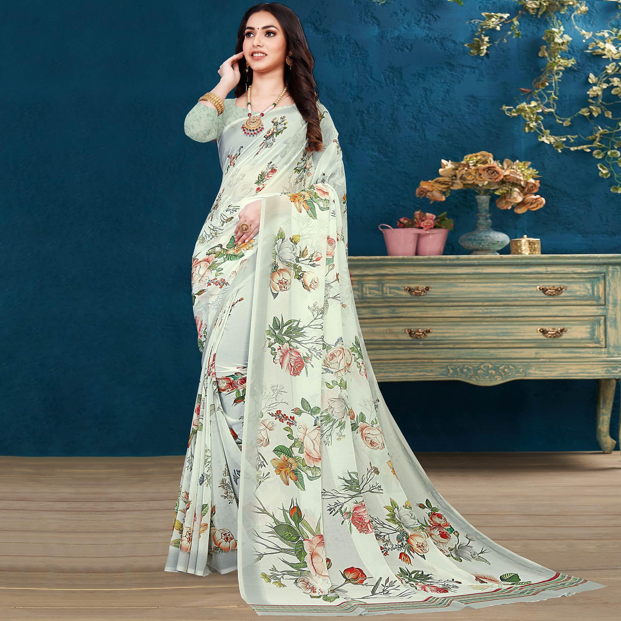 White Casual Wear Floral Printed Georgette Saree - Peachmode