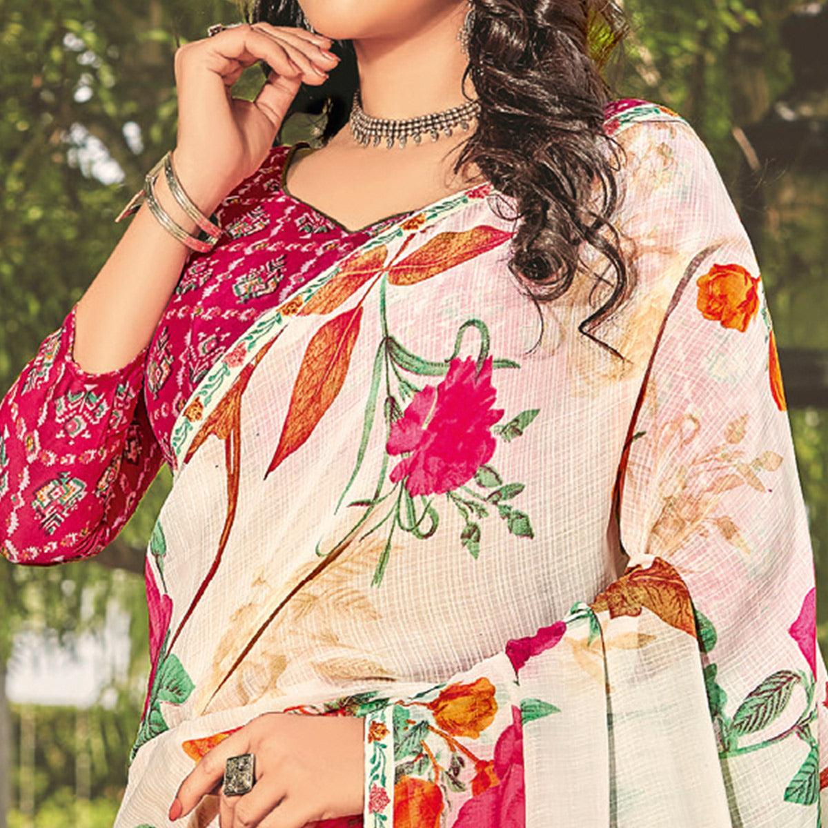White Casual Wear Floral Printed Georgette Saree - Peachmode