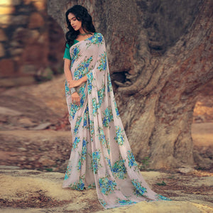 White Casual Wear Floral Printed Georgette Saree With Pearl Beads lace - Peachmode