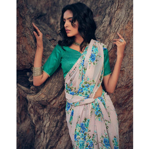 White Casual Wear Floral Printed Georgette Saree With Pearl Beads lace - Peachmode