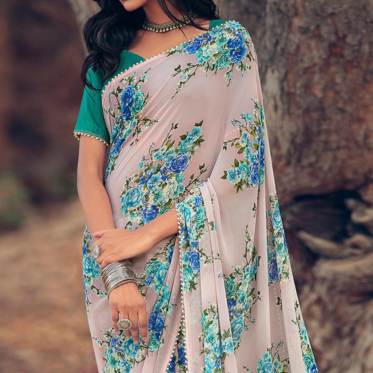 White Casual Wear Floral Printed Georgette Saree With Pearl Beads lace - Peachmode