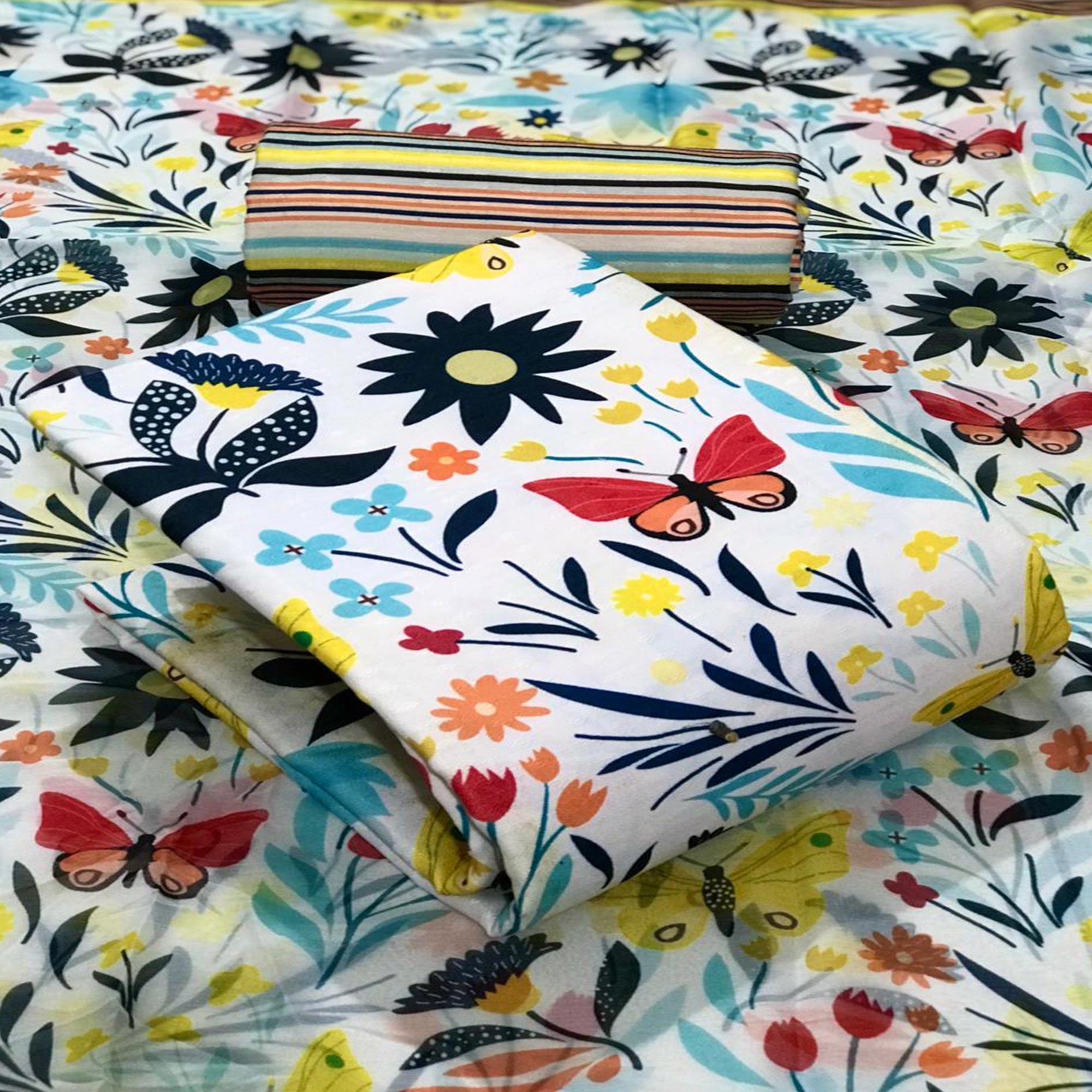 White Casual Wear Floral Printed Pashmina Dress Material - Peachmode
