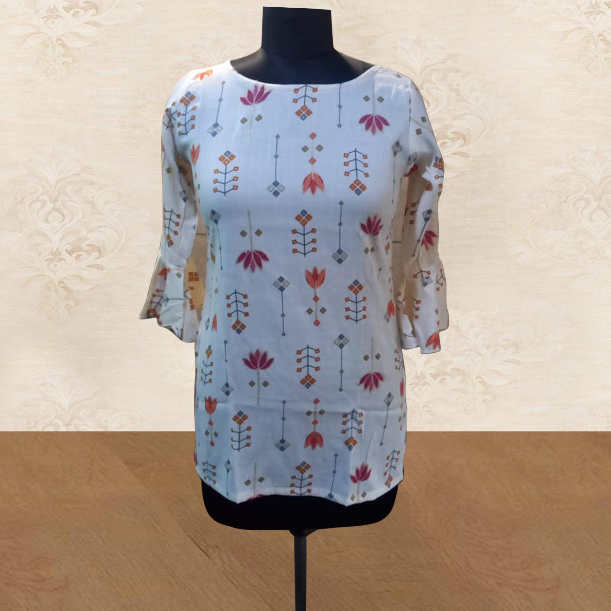 White Casual Wear Floral Printed Rayon Top - Peachmode