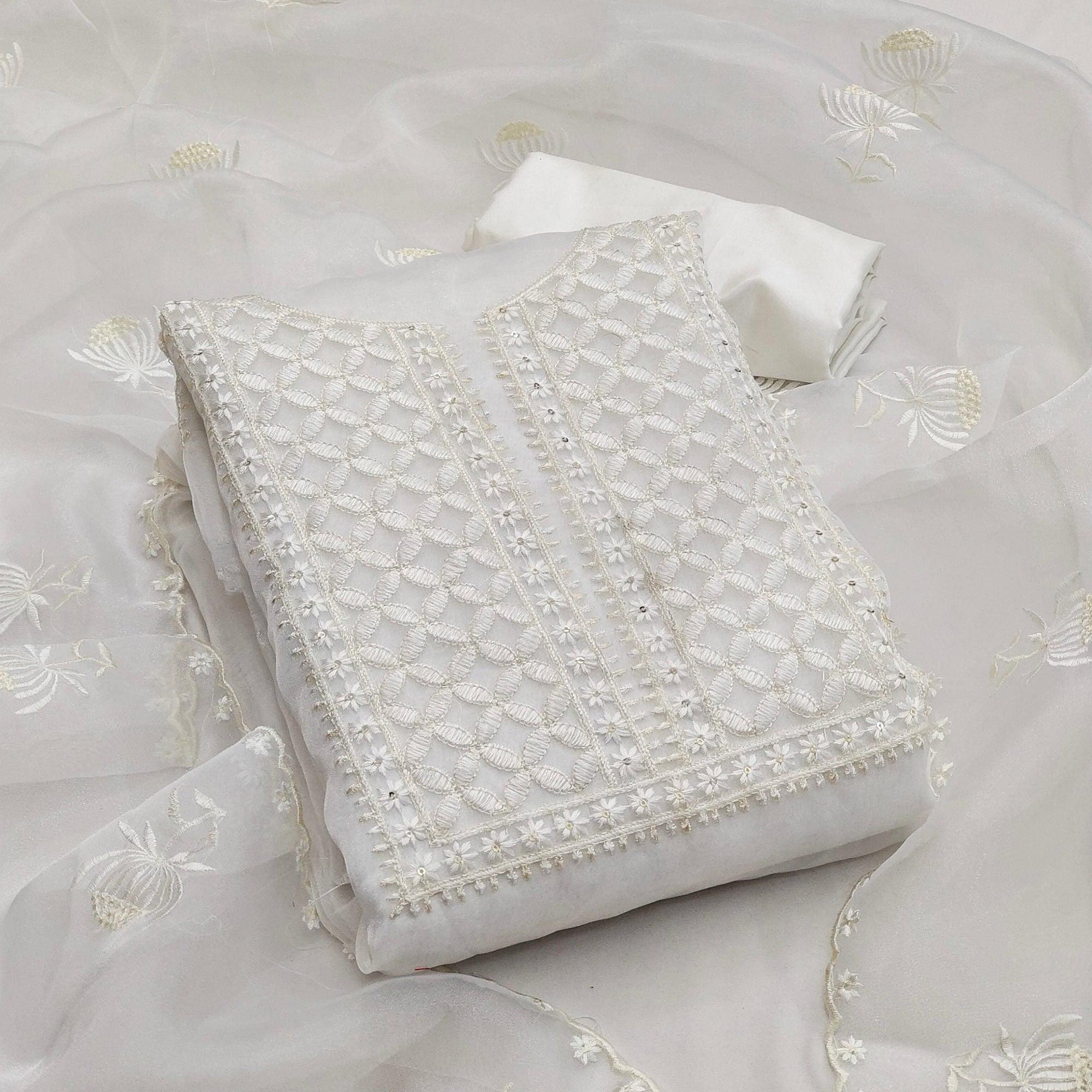 White Casual Wear Floral Sequence Embroidered Organza Dress Material - Peachmode