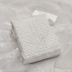 White Casual Wear Floral Sequence Embroidered Organza Dress Material - Peachmode