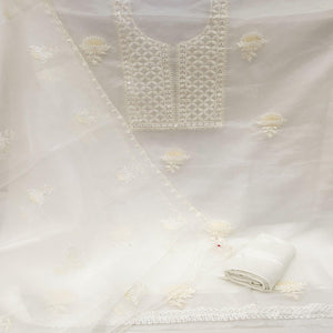 White Casual Wear Floral Sequence Embroidered Organza Dress Material - Peachmode