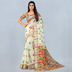 White Casual Wear Printed Chanderi Silk Saree - Peachmode