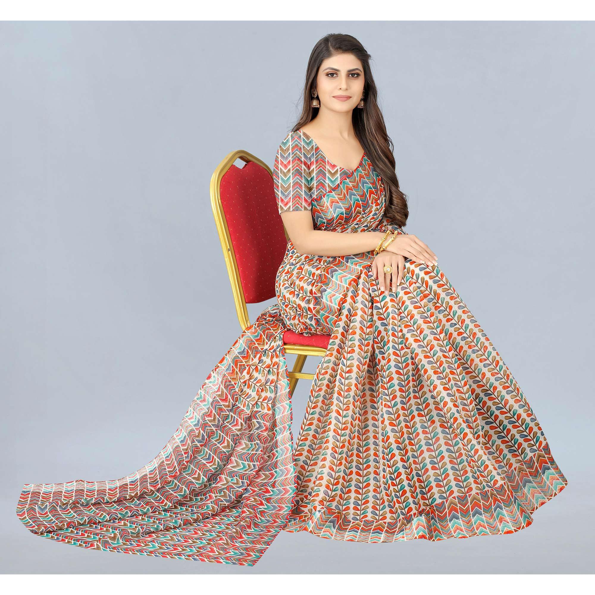 White Casual Wear Printed Chanderi Silk Saree - Peachmode