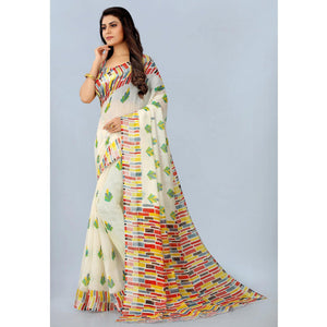 White Casual Wear Printed Chanderi Silk Saree - Peachmode