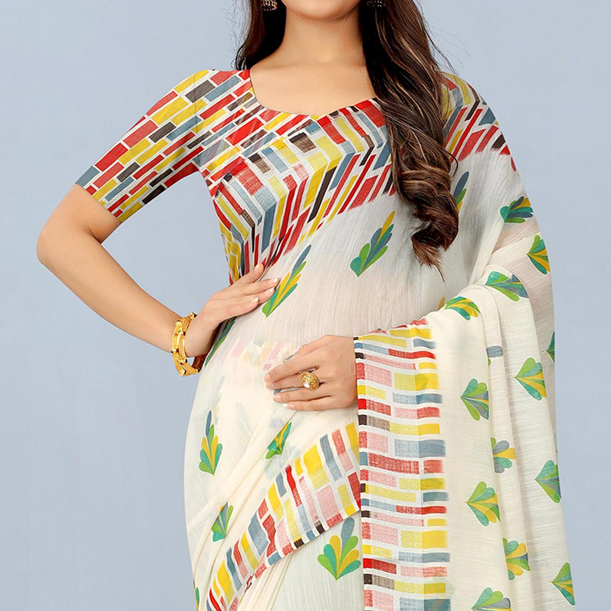 White Casual Wear Printed Chanderi Silk Saree - Peachmode
