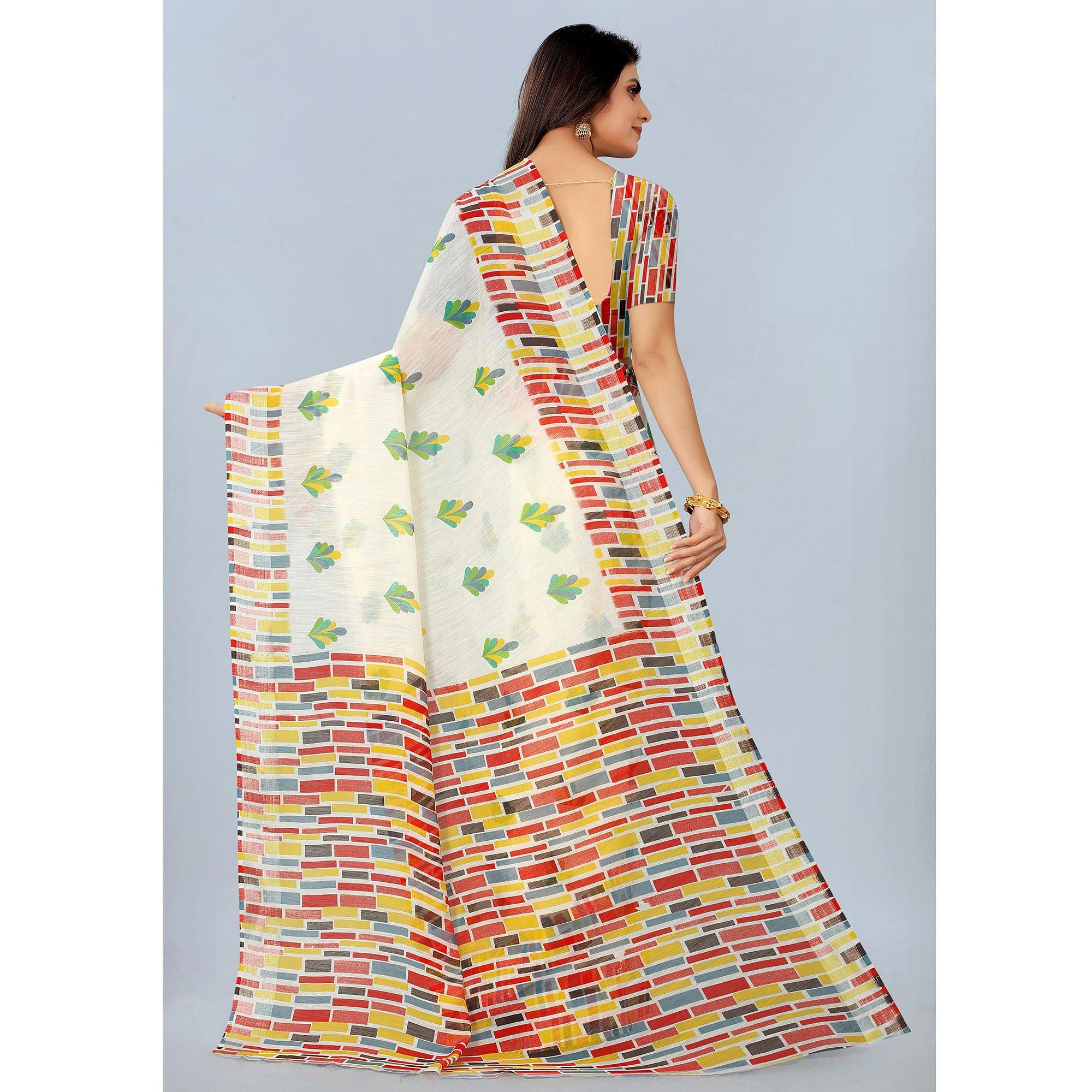 White Casual Wear Printed Chanderi Silk Saree - Peachmode