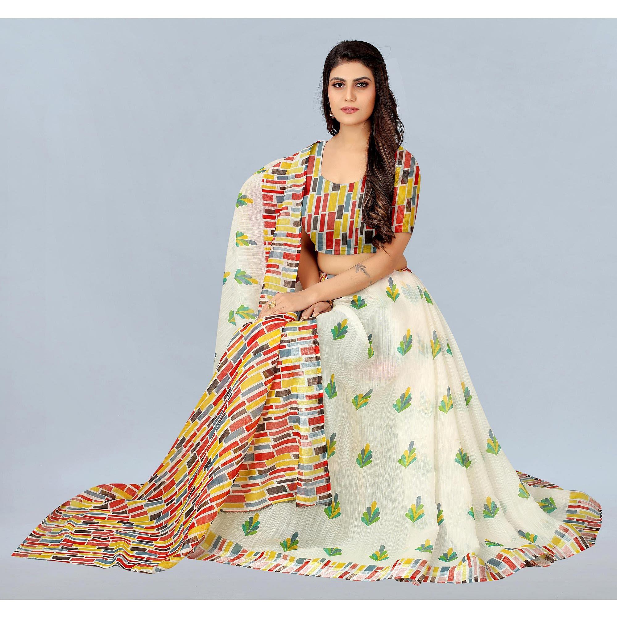 White Casual Wear Printed Chanderi Silk Saree - Peachmode