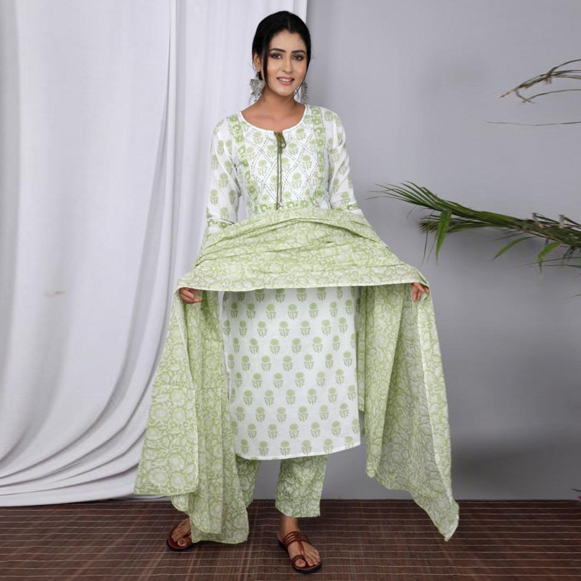 White Casual Wear Printed Cotton Kurti Pant Set With Dupatta - Peachmode