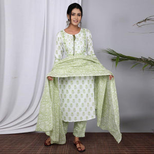 White Casual Wear Printed Cotton Kurti Pant Set With Dupatta - Peachmode