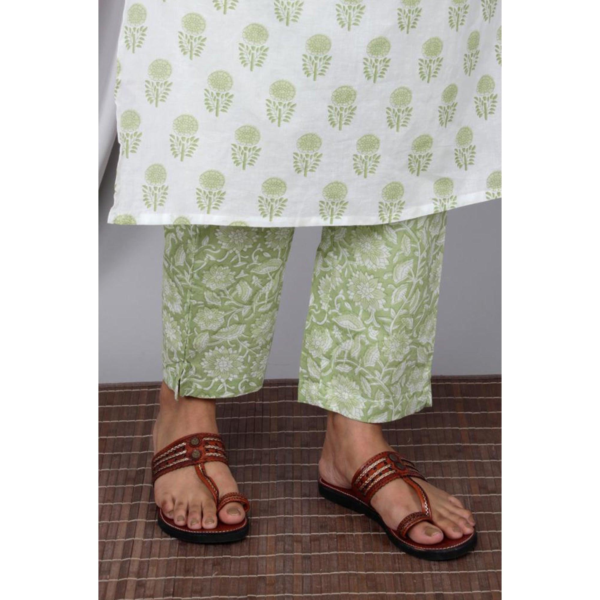 White Casual Wear Printed Cotton Kurti Pant Set With Dupatta - Peachmode