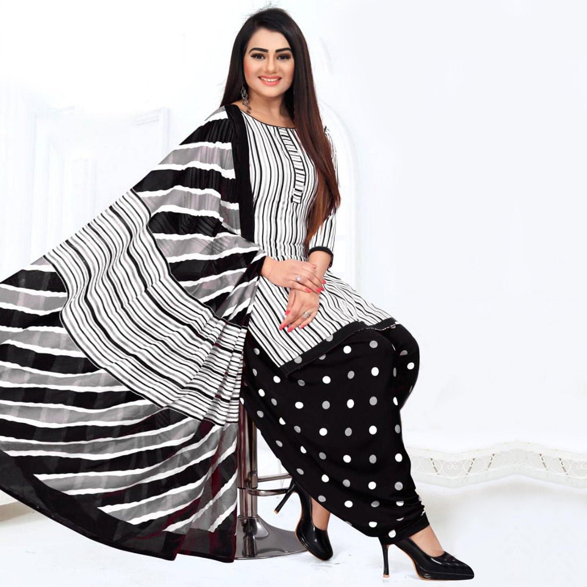 White Casual Wear Printed Leon Patiala Dress Material - Peachmode