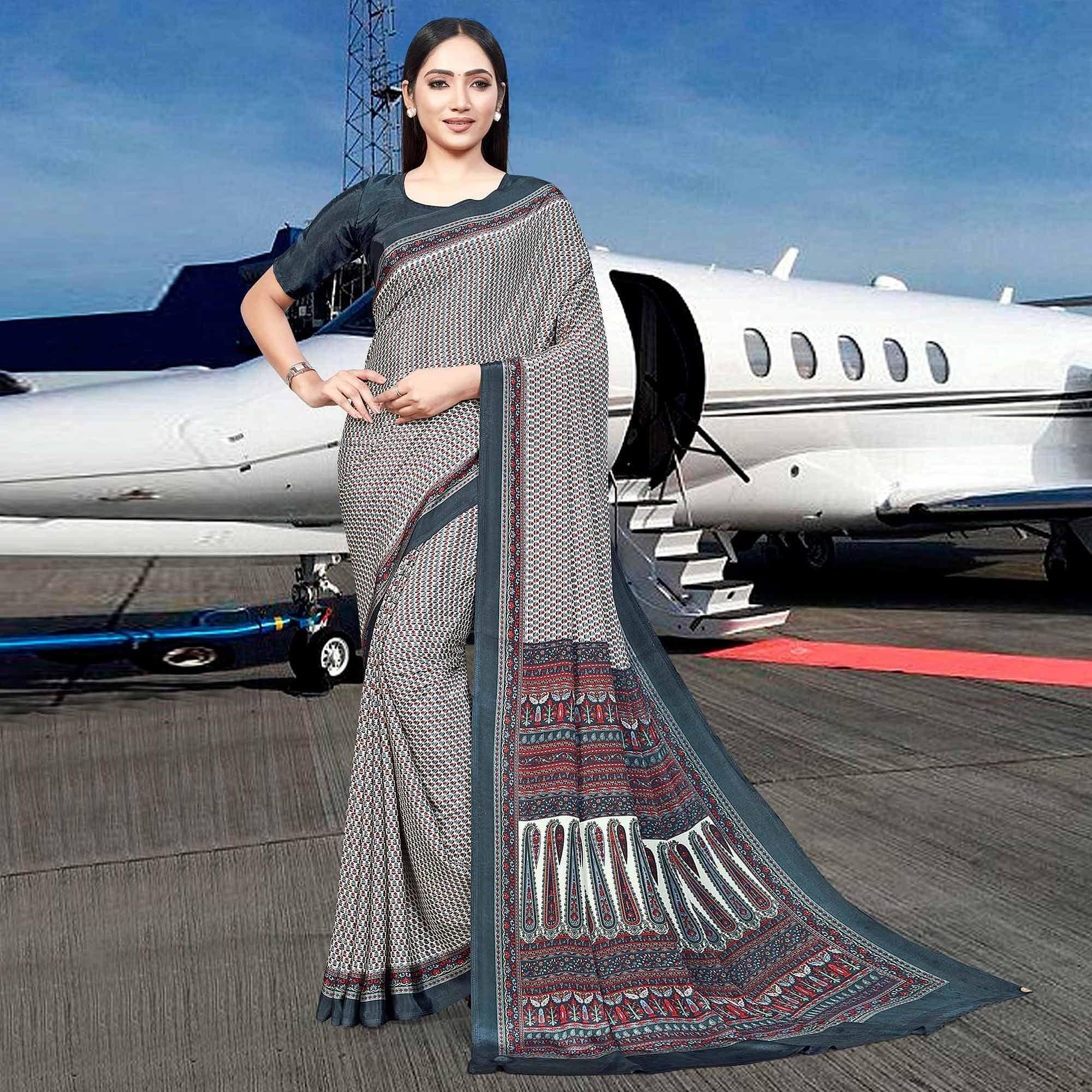 White Casual Wear Printed Silk Saree - Peachmode