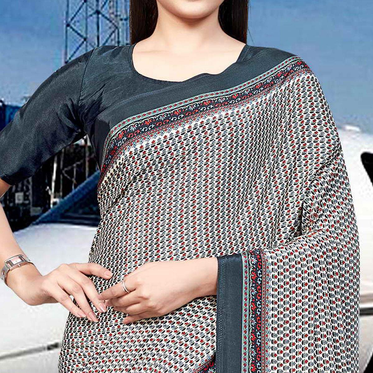 White Casual Wear Printed Silk Saree - Peachmode