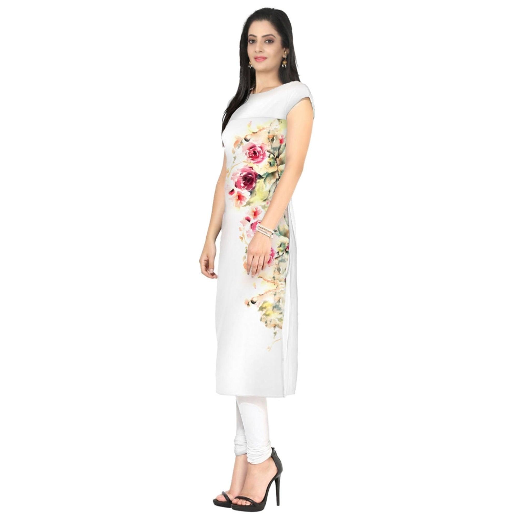 White Colored Casual Floral Printed Kurti - Peachmode