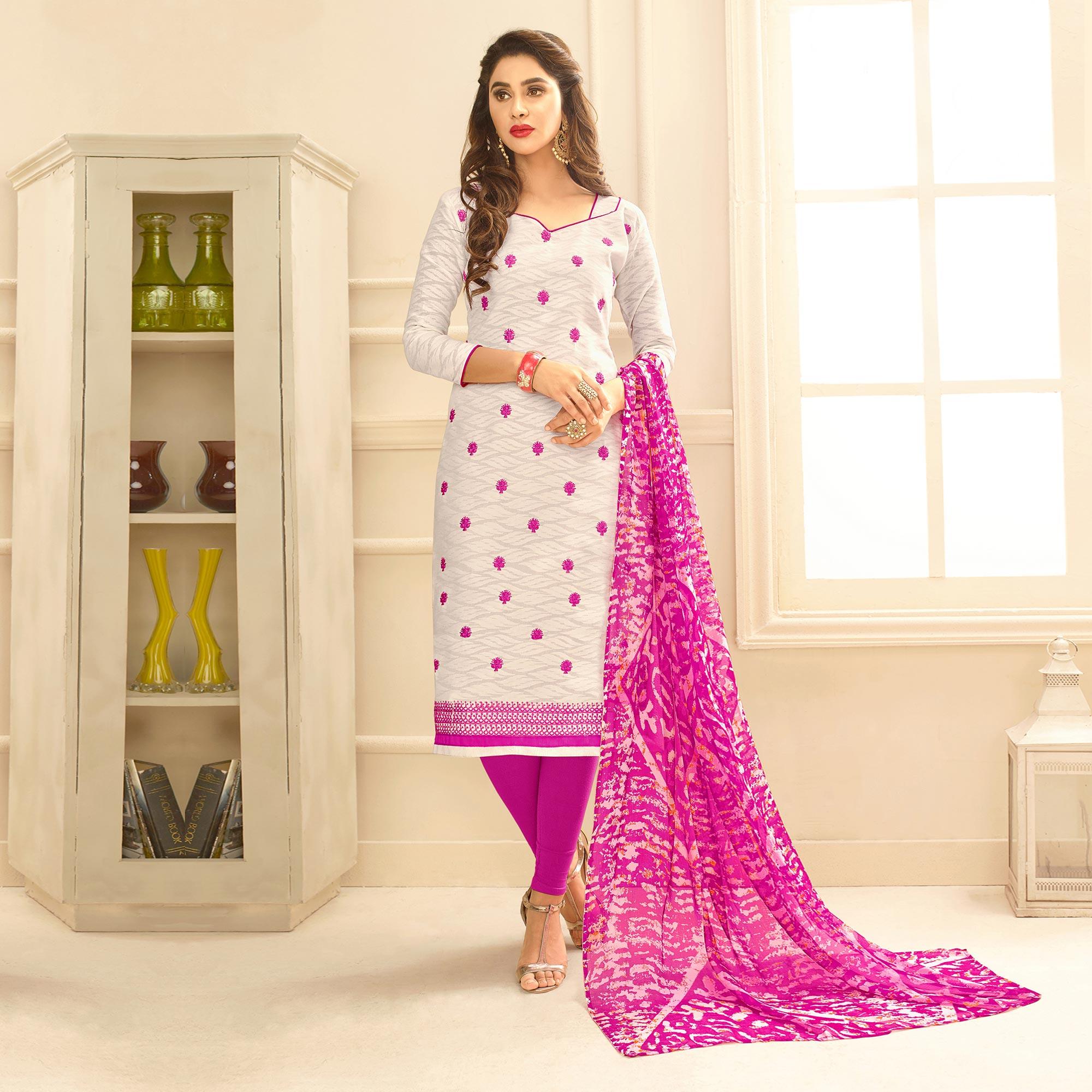 White Colored Embroidered Casual Wear Jacquard Suit - Peachmode