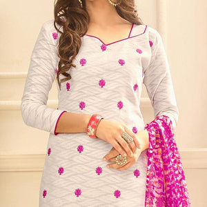 White Colored Embroidered Casual Wear Jacquard Suit - Peachmode