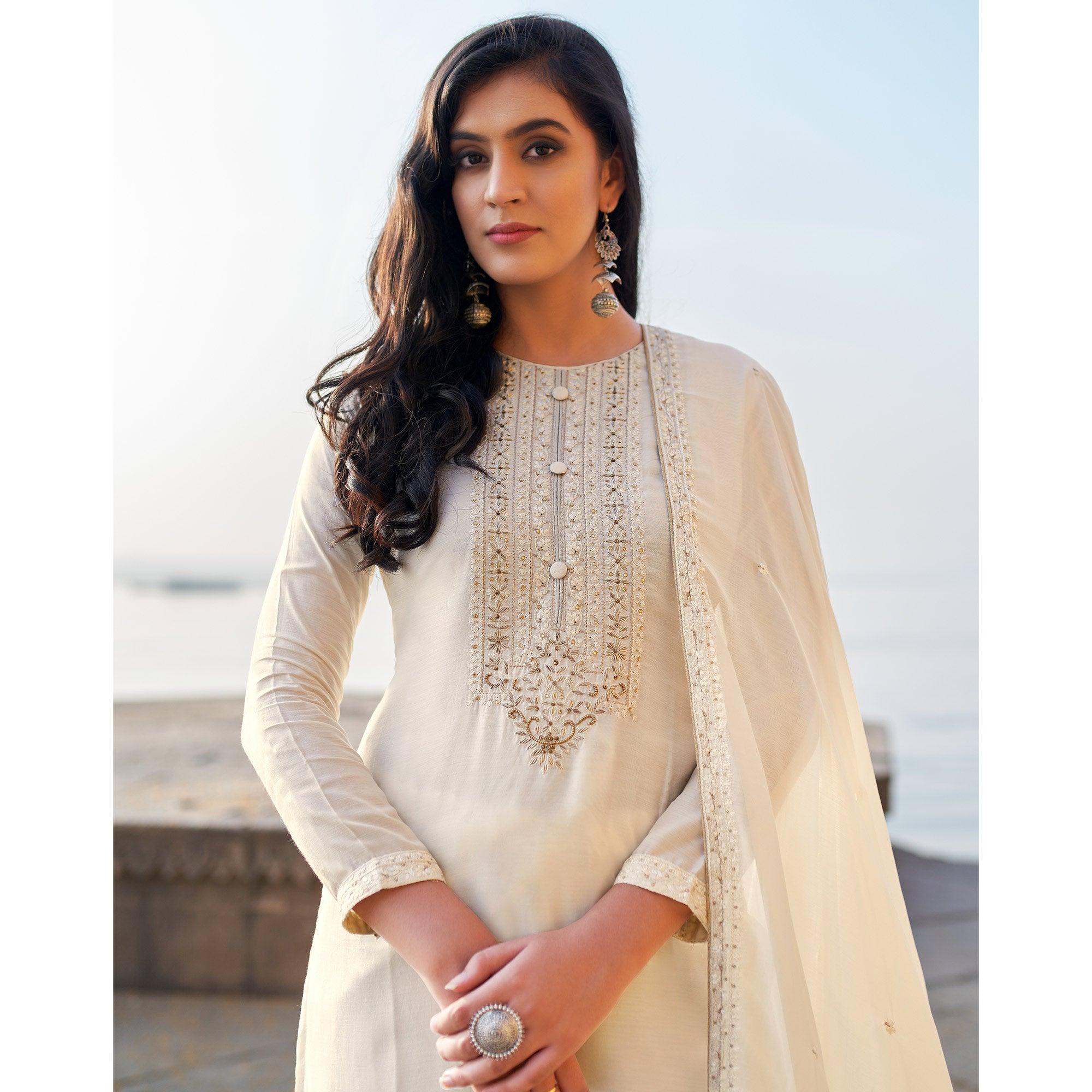 White Coloured Handwork Partywear Cotton Silk Palazzo Suit - Peachmode